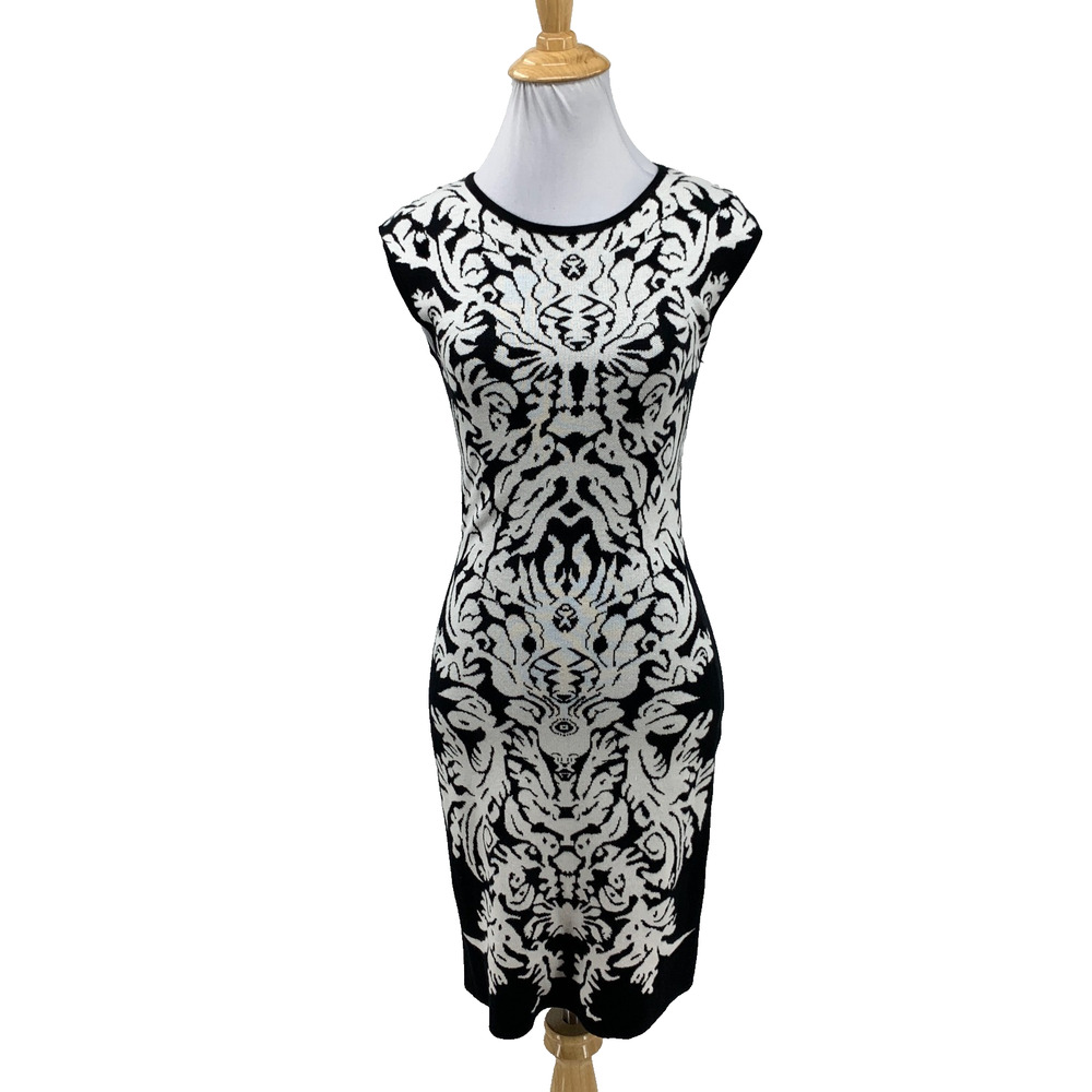 Grifflin Dress Womens M Medium Damask Print Sheath Cap Sleeve Jacquard Side Zip